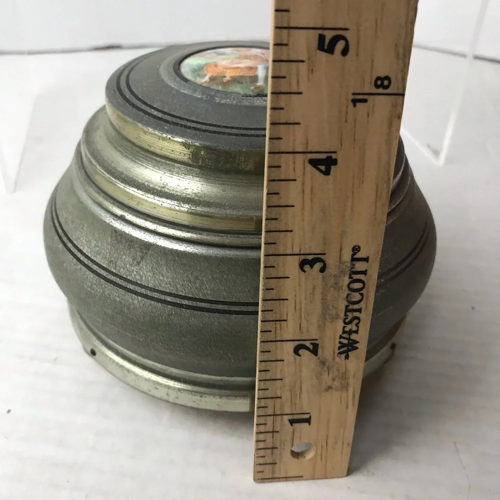 Vintage Metallic Powder Puff Music Box - Vanity Round Drum Box - Switzerland